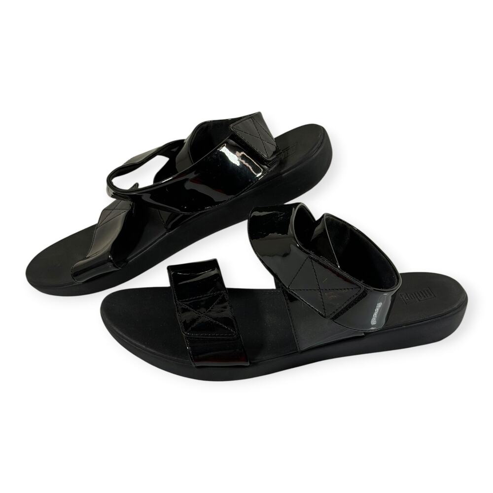 FitFlop Carin Black Patent Ankle Strap Sandals,W64-090, Faux Leather, Women's 11